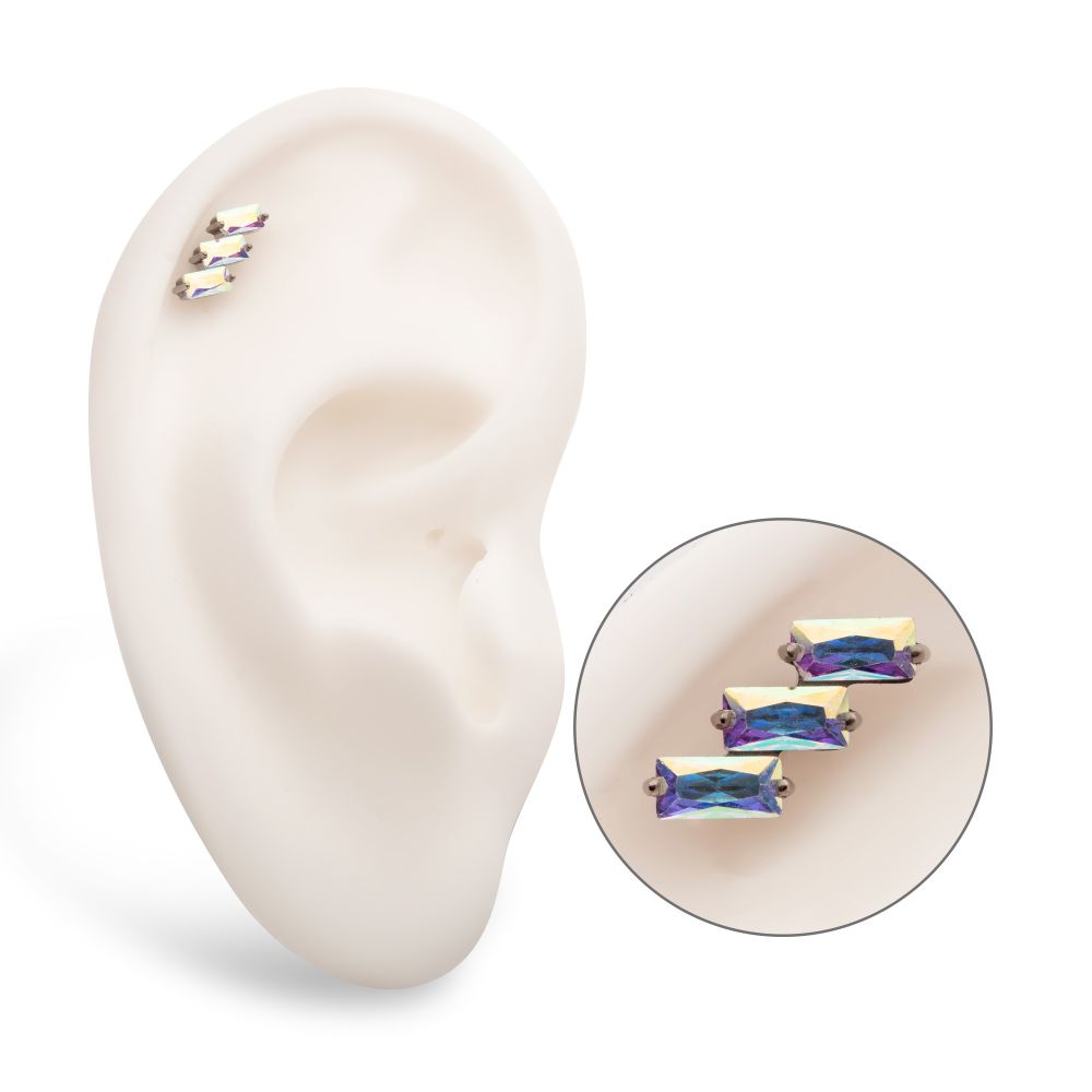 Titanium Threadless Prong Set Baguette CZ Diagonal 3-Cluster Top
