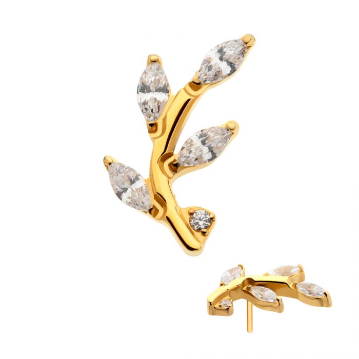 24Kt Gold PVD Threadless Prong Set Marquise CZ Leaf Top