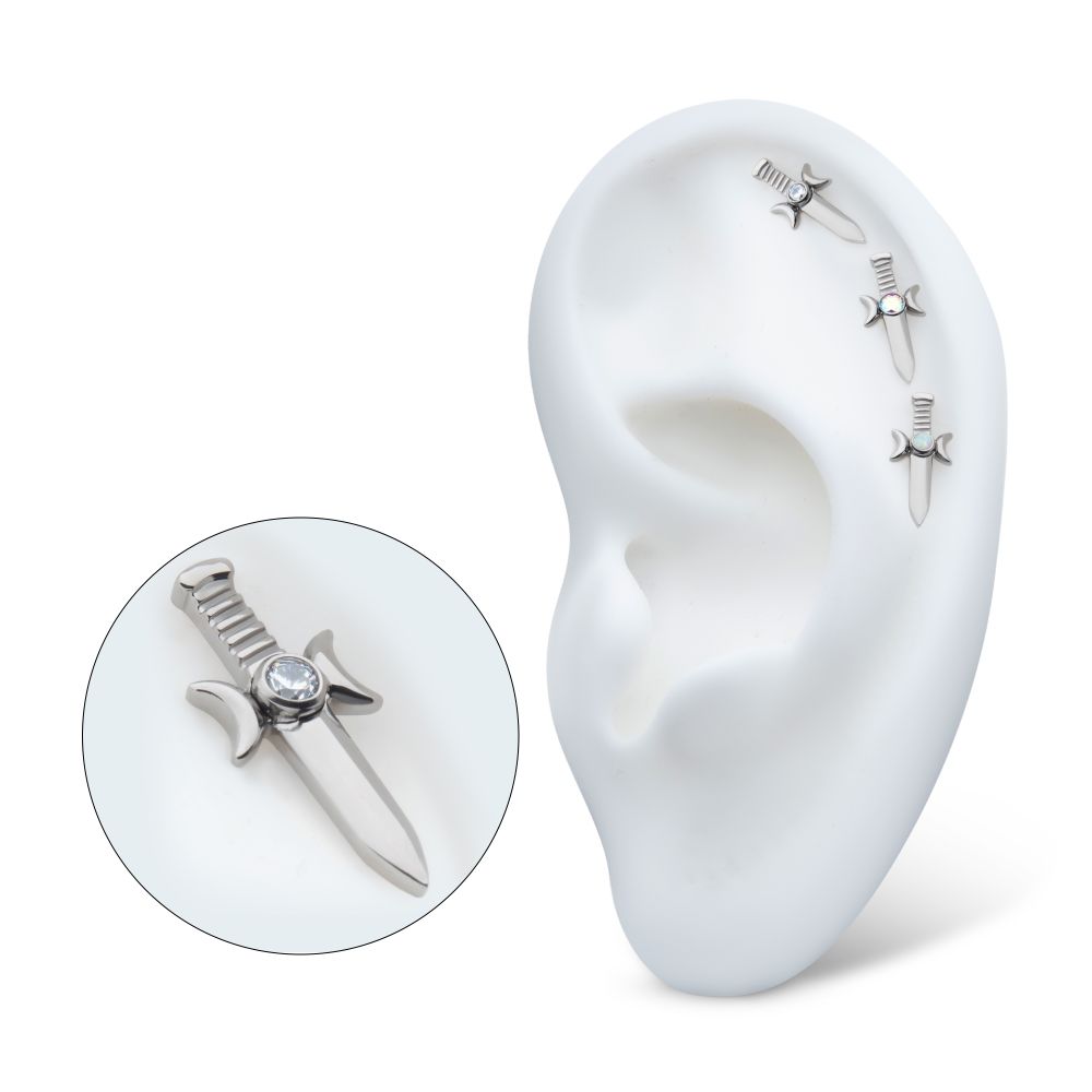 Titanium Threadless with Bezel Set 2mm CZ/Opal Triple Moon Phase Dagger Top