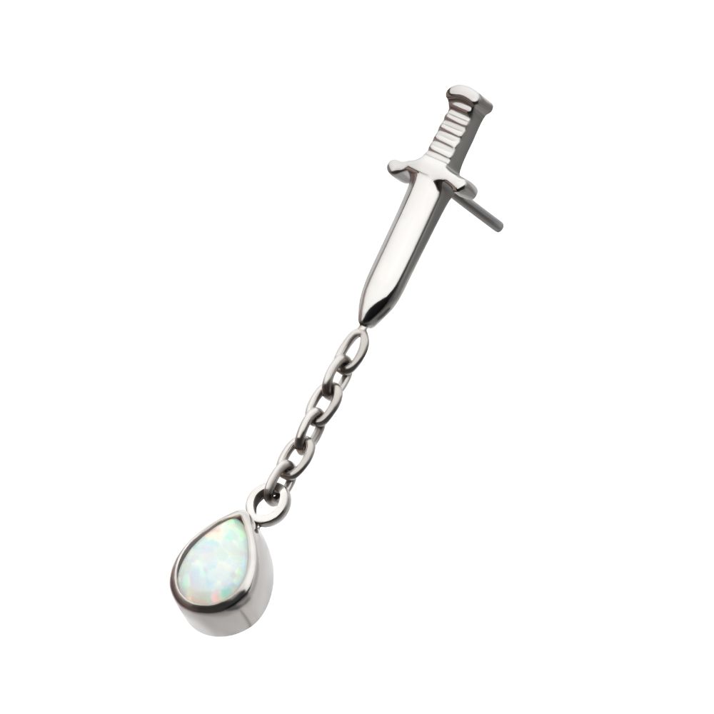Titanium Threadless Dagger Top with Bezel Set Teardrop Opal Chain Dangle