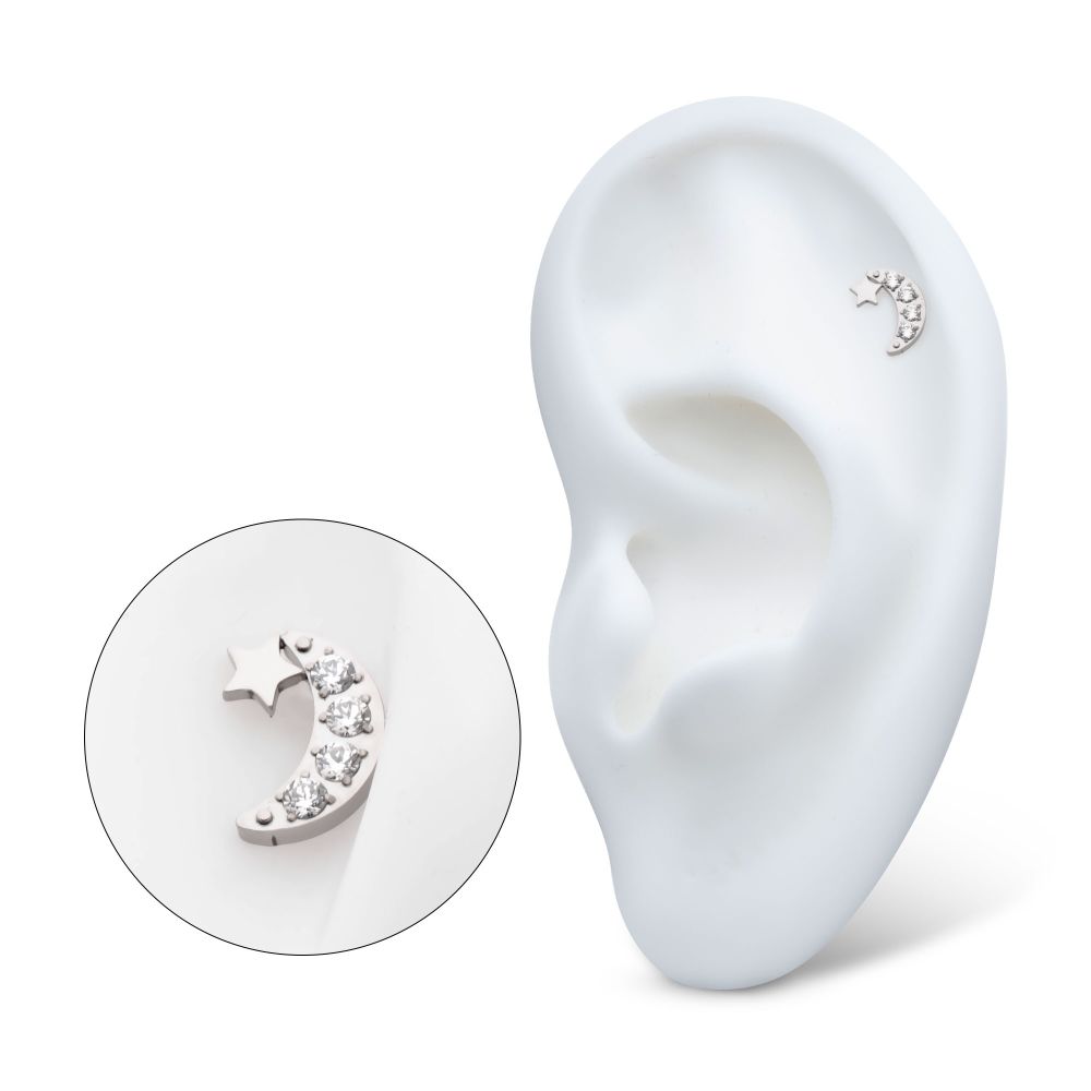 Titanium Threadless Star with Pave Set CZ Crescent Moon Top