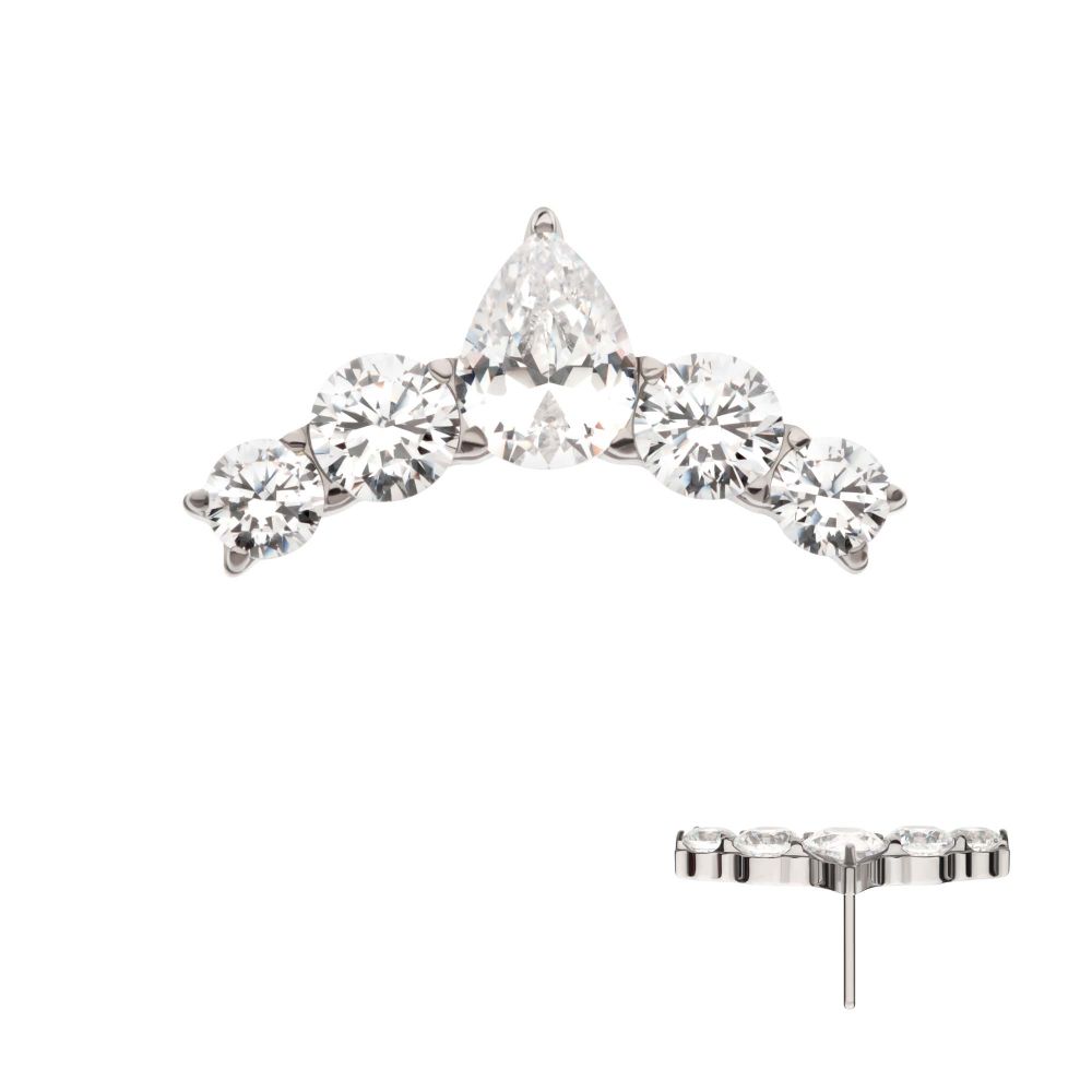 Titanium Threadless Prong Set Round & Teardrop Shape CZ 5-Cluster Top