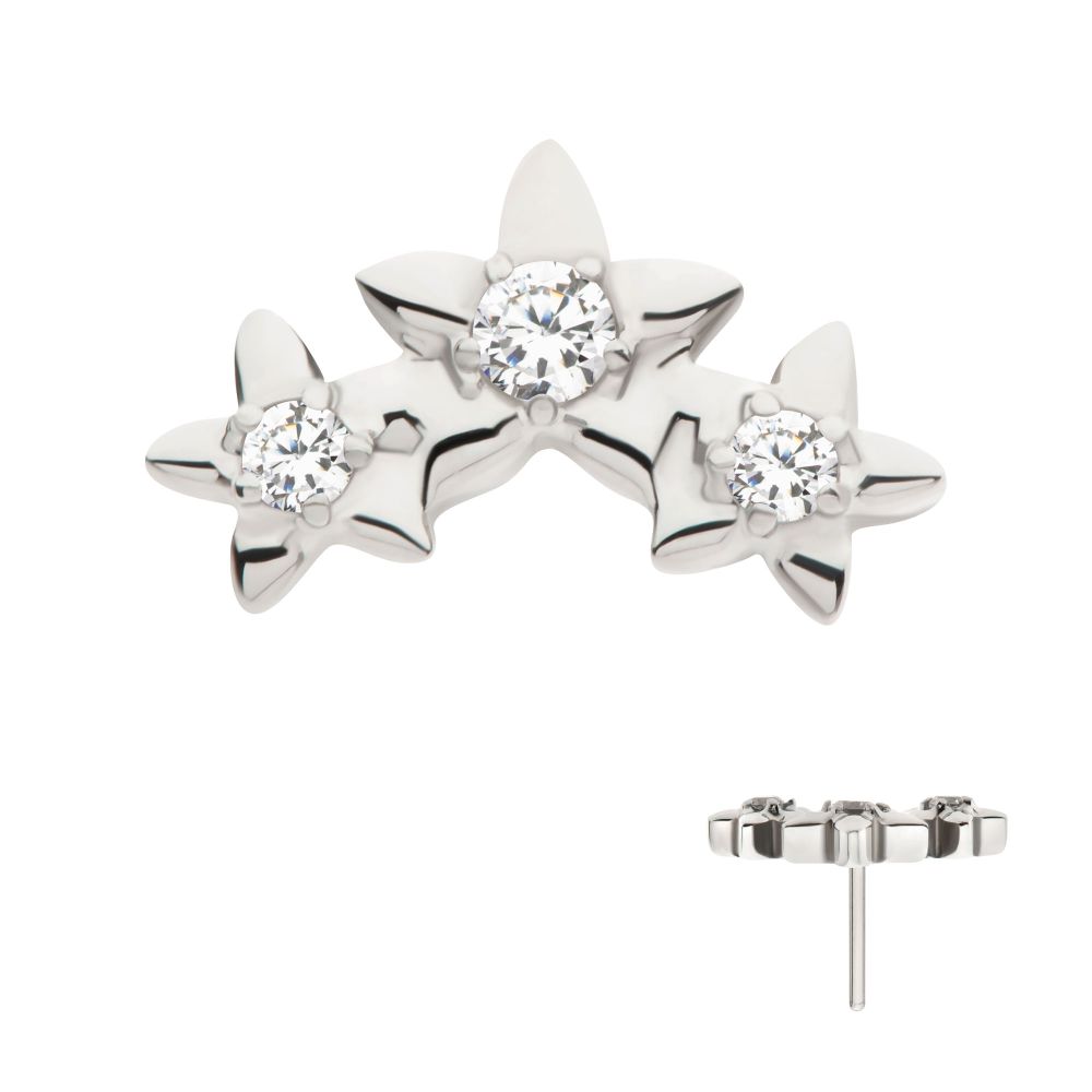 Titanium Threadless Prong Set Round CZ Gem 3-Cluster Star Top