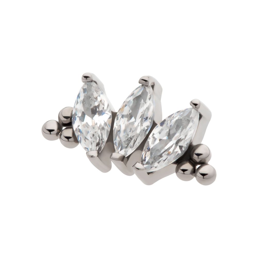 Titanium Threadless with Tri Beads & Prong Set Marquise CZ 3-Cluster Top