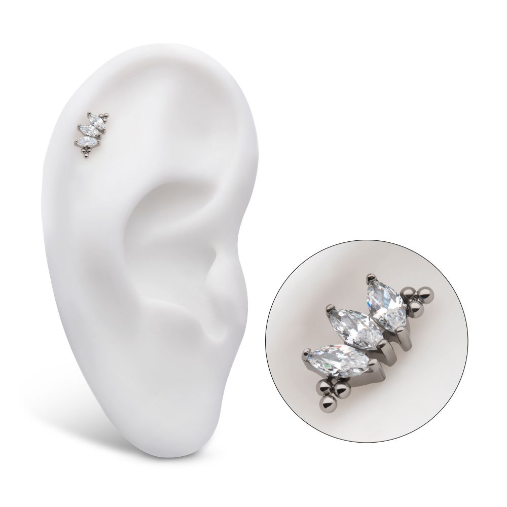 Titanium Threadless with Tri Beads & Prong Set Marquise CZ 3-Cluster Top