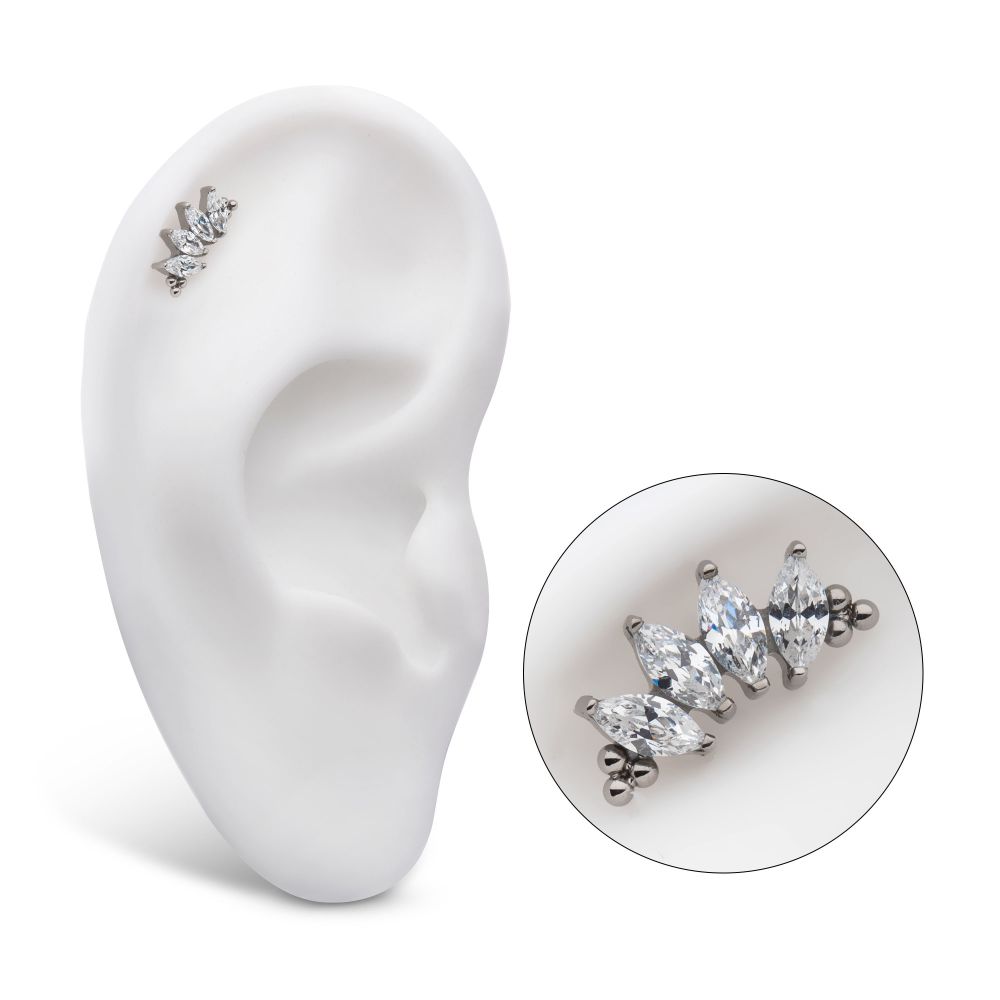 Titanium Threadless with Tri Beads & Prong Set Marquise CZ 4-Cluster Top