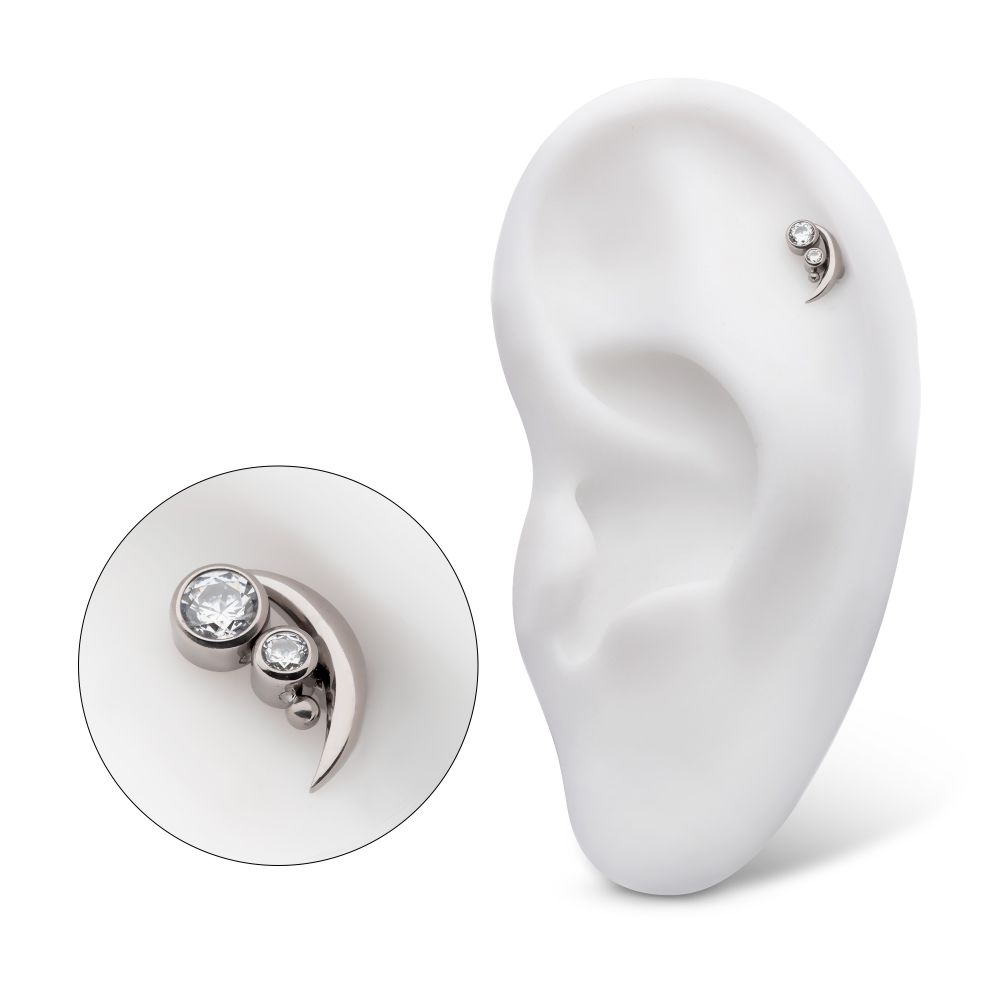 Titanium Threadless with Bezel Set CZ & Bead Crescent Moon Top