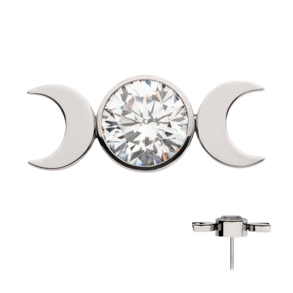 Titanium Threadless Triple Moon Phase Top with Center Bezel Set Clear CZ