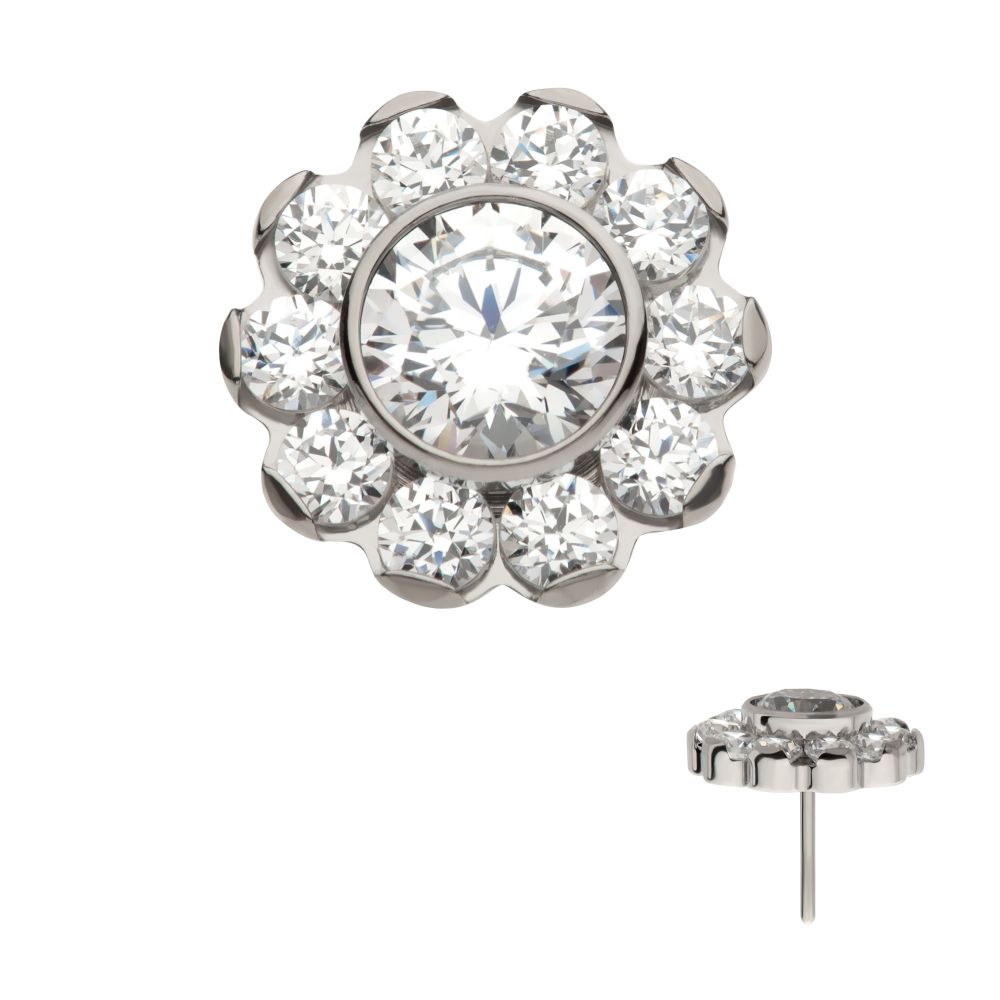 Titanium Threadless Flower Top with 11 Clear CZ