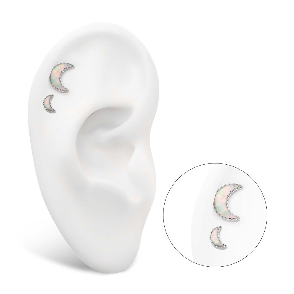 Titanium Threadless Crescent Moon Top with Prong Set White Opal