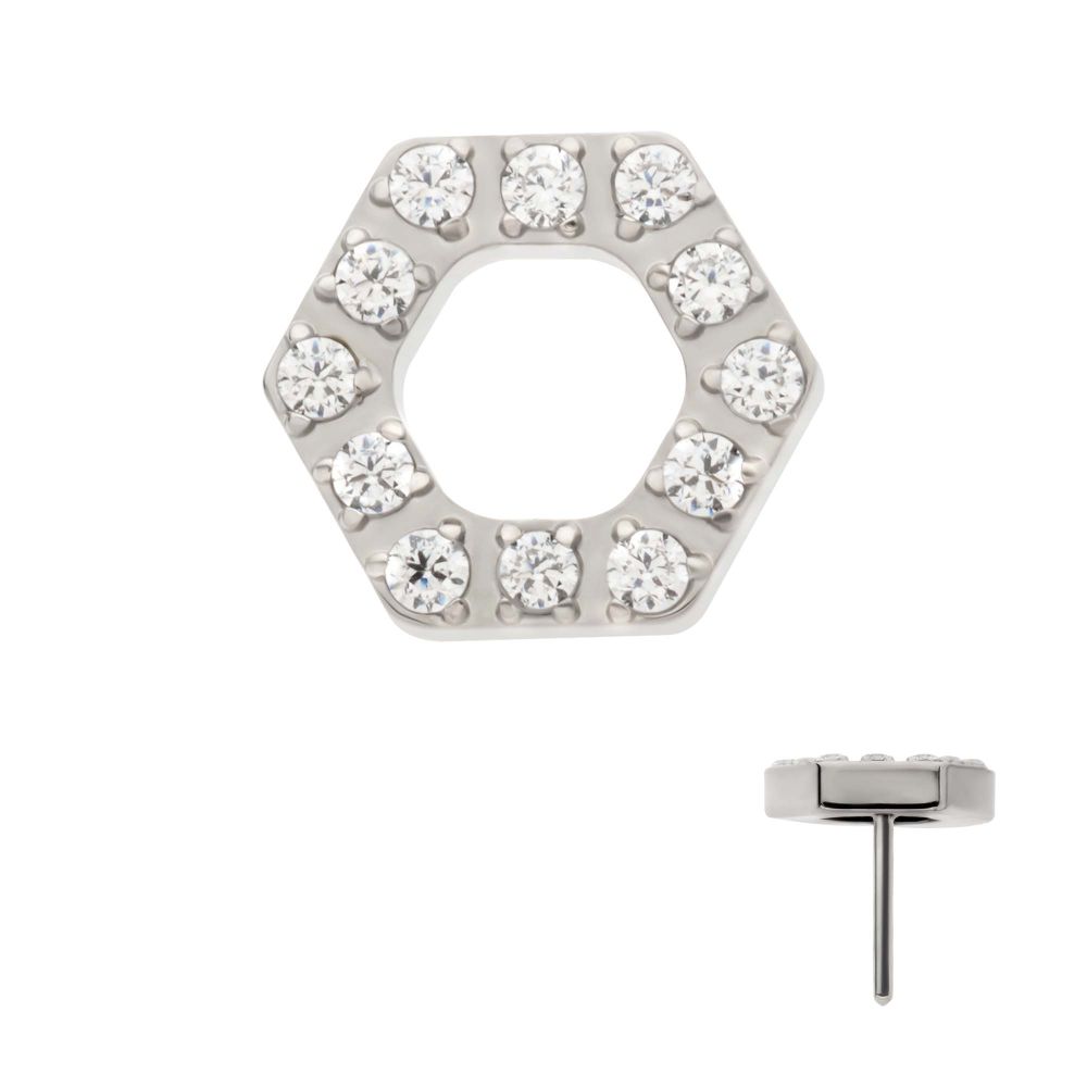 Titanium Threadless Pave Set Round CZ Gem Hexagon Top