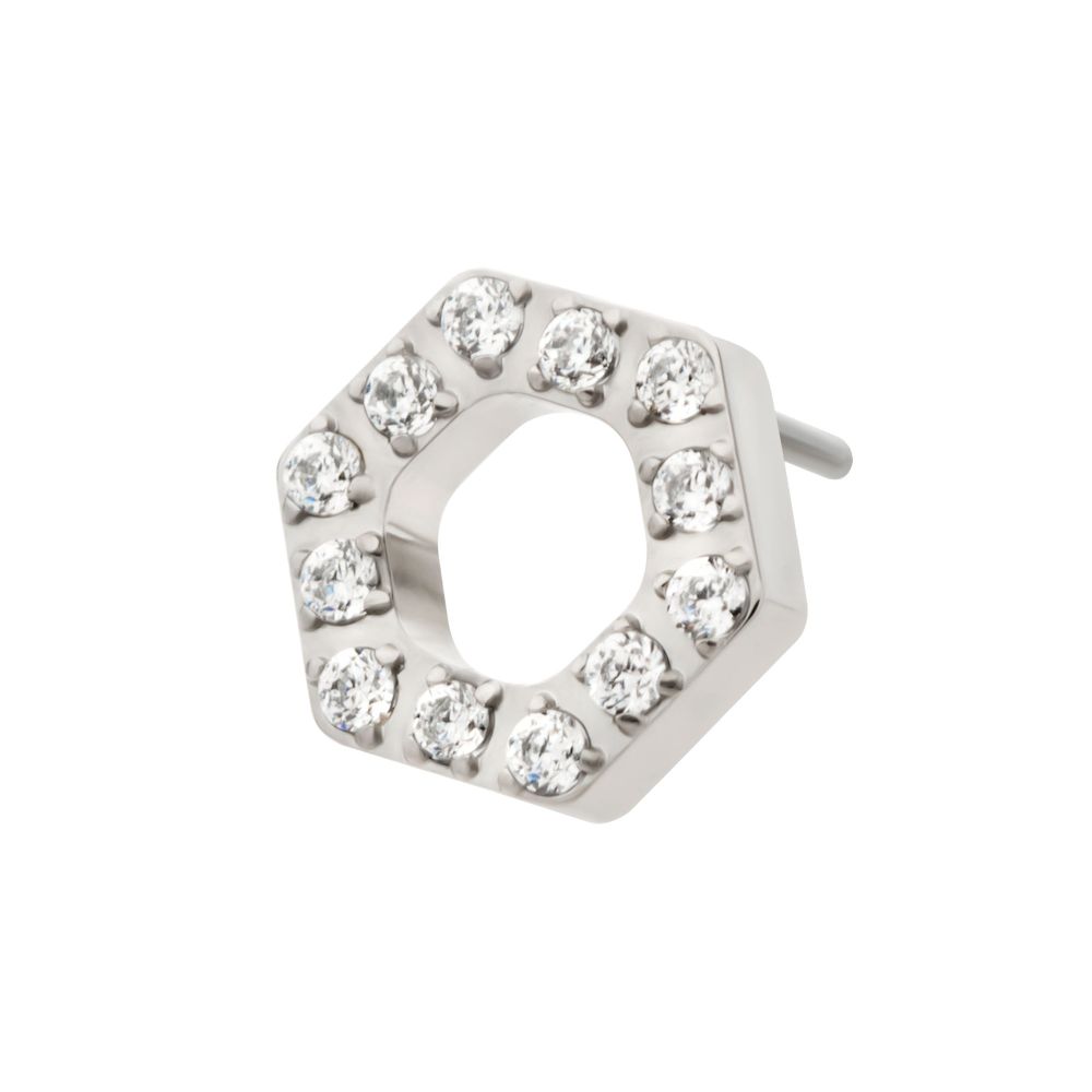 Titanium Threadless Pave Set Round CZ Gem Hexagon Top
