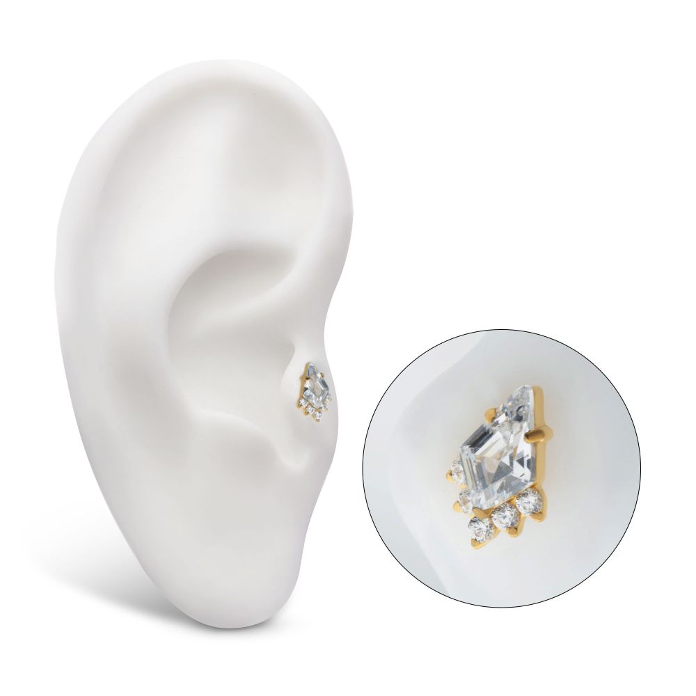 24Kt Gold PVD Titanium Threadless Prong Set Kite Shape CZ Top with 5-Cluster Round CZ