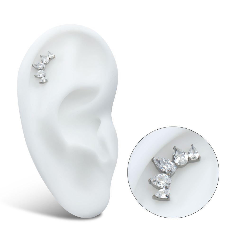 Titanium Threadless Prong Set Teardrop CZ 5-Cluster Fan Shape Top