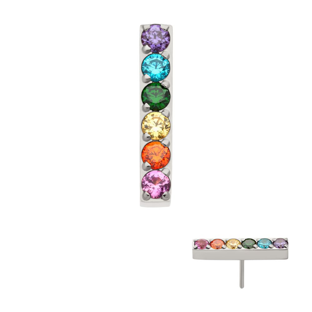 Titanium Threadless Prong Set Rainbow CZ 6-Cluster Bar Top