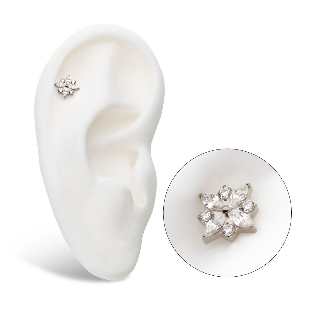 Titanium Threadless with 4 Marquise & 4 Round CZ Flower Shape Top