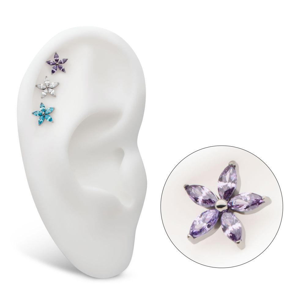 Titanium Threadless Pronged Marquise CZ 5-Petal Flower Top