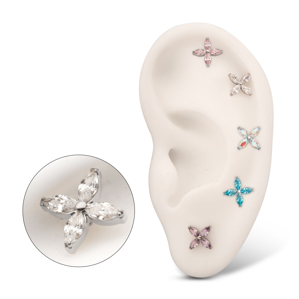 Titanium Threadless 4-Marquise Flower Gem Top