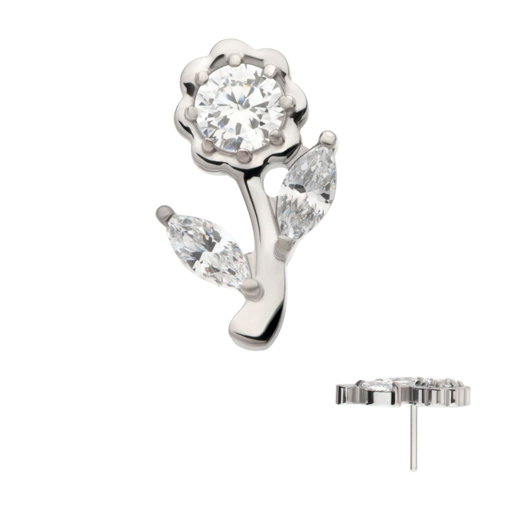 Titanium Threadless Prong Set Round & Marquise CZ Gem Rose Flower Top