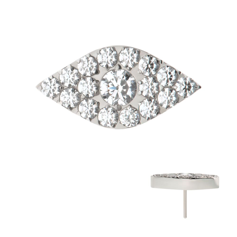 Titanium Threadless Pave Set Full Clear Round CZ Gem Evil Eye Top