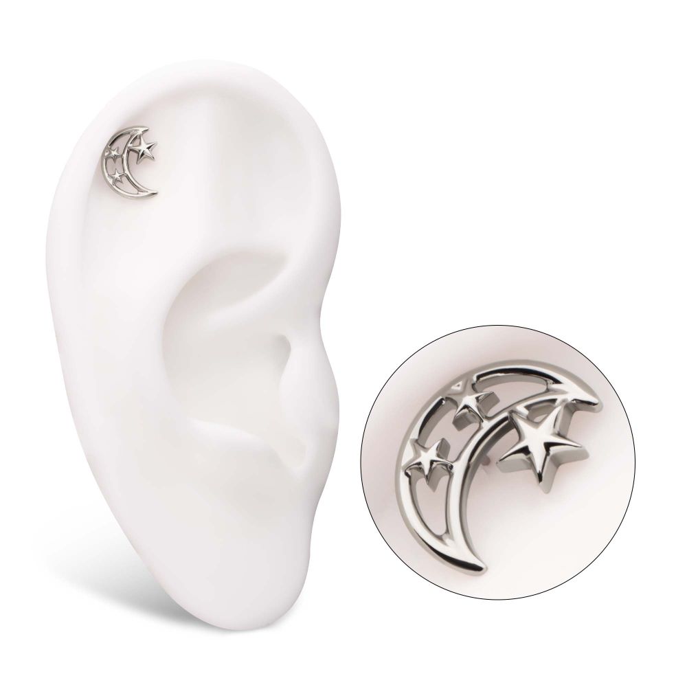 Titanium Threadless Open Crescent Moon and Stars Top