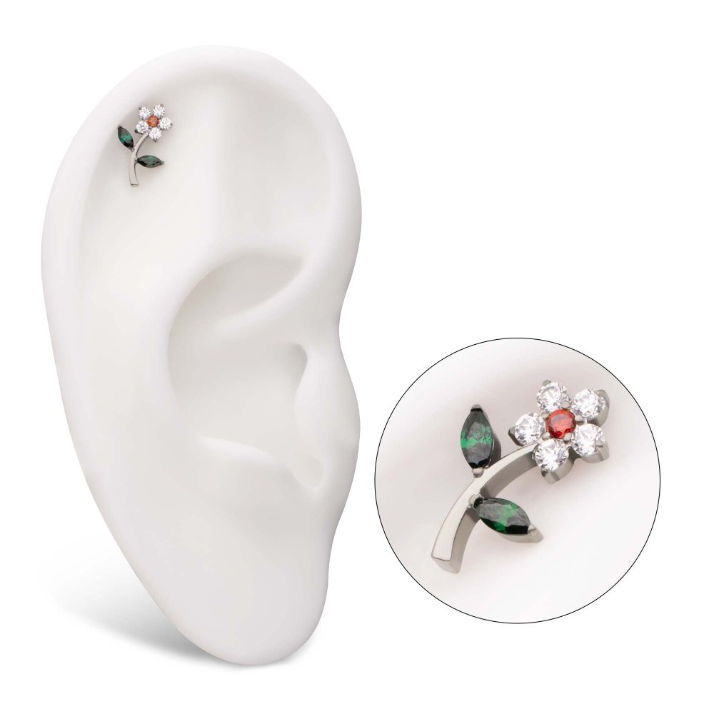 Titanium Threadless Prong Set Gem Flower & Stem Top