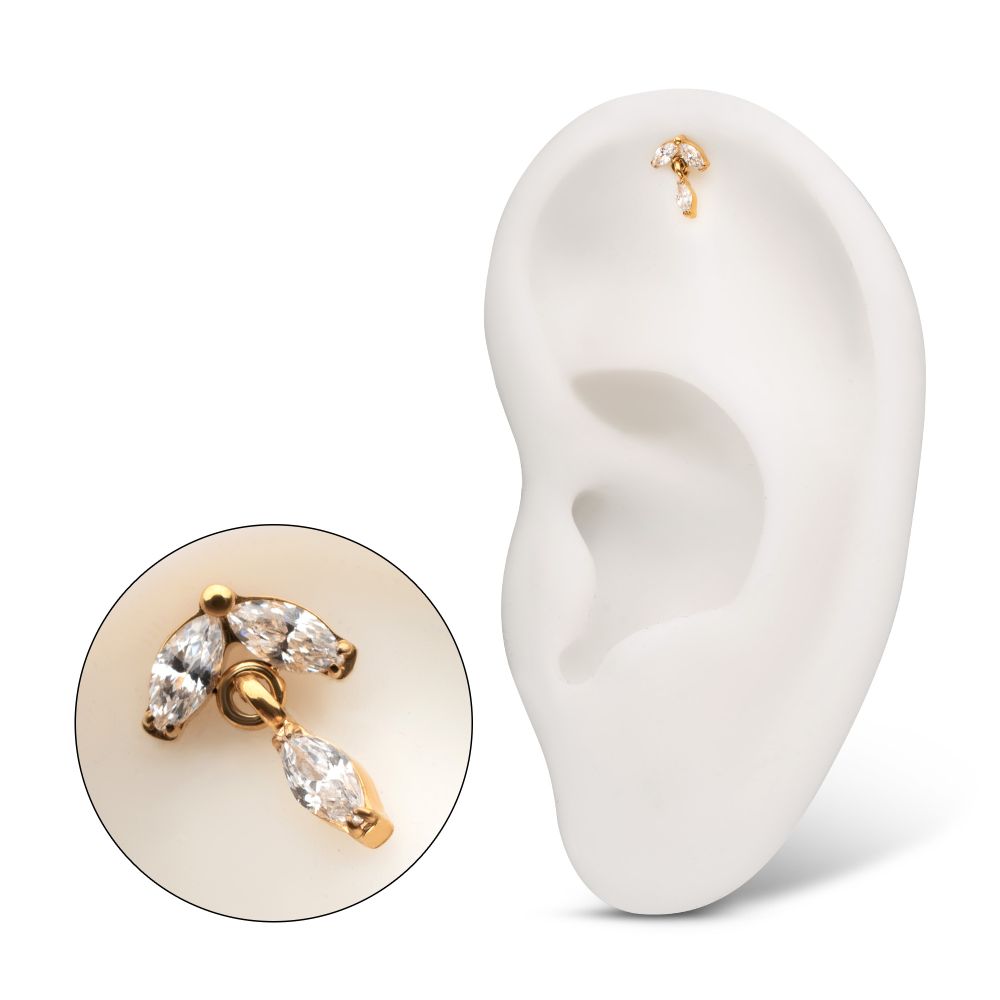 24KT Gold PVD Titanium Threadless Twin Marquise Gem Top with Marquise Dangle