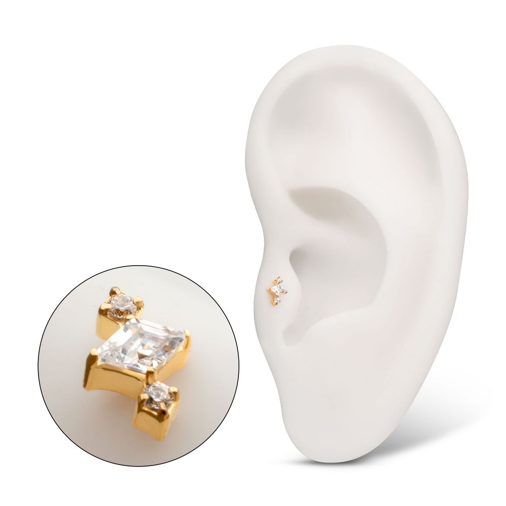 24KT Gold PVD Titanium Threadless 3-Cluster Top with Prong Set Round & Rhombus Gem