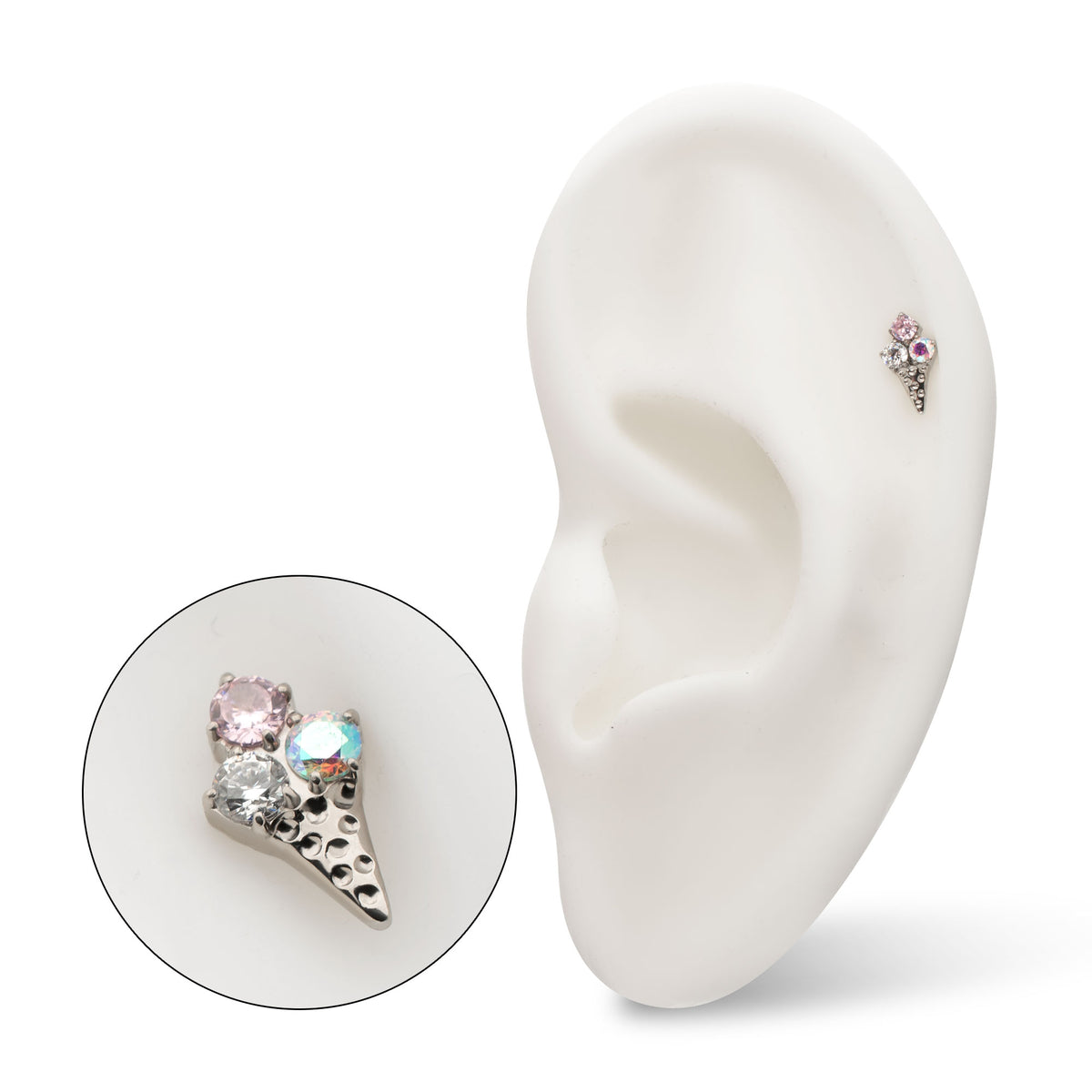 Titanium Threadless Prong Set Multi-Gem Ice Cream with Cone Top