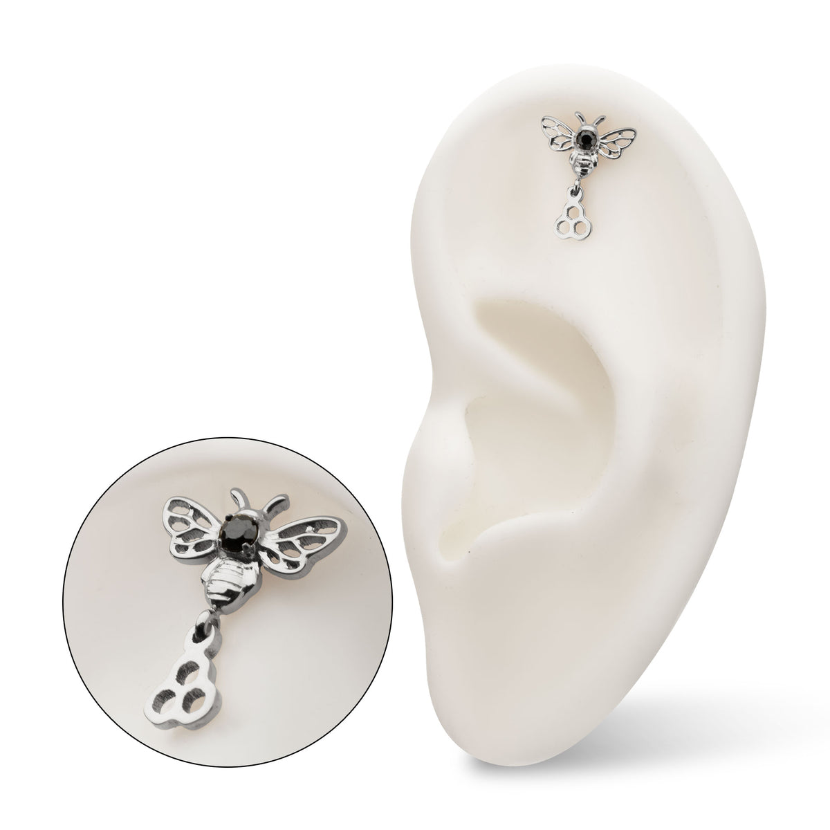 Titanium Threadless Prong Set Black Gem Bee Top with Honeycomb Dangle