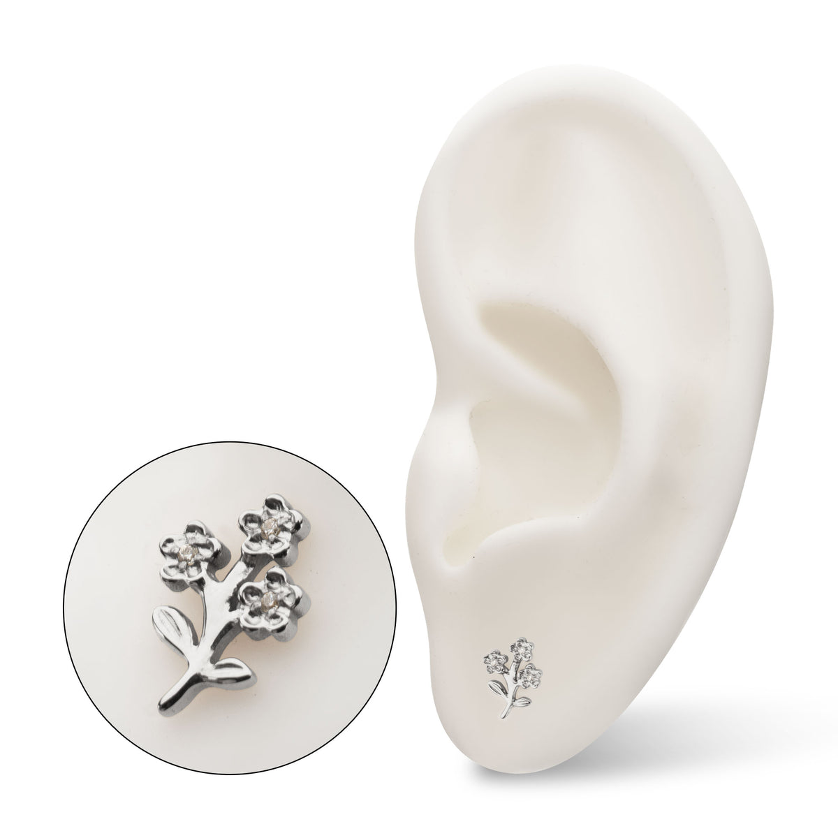 Titanium Threadless Prong Set Gem Triple Flower & Stem Top