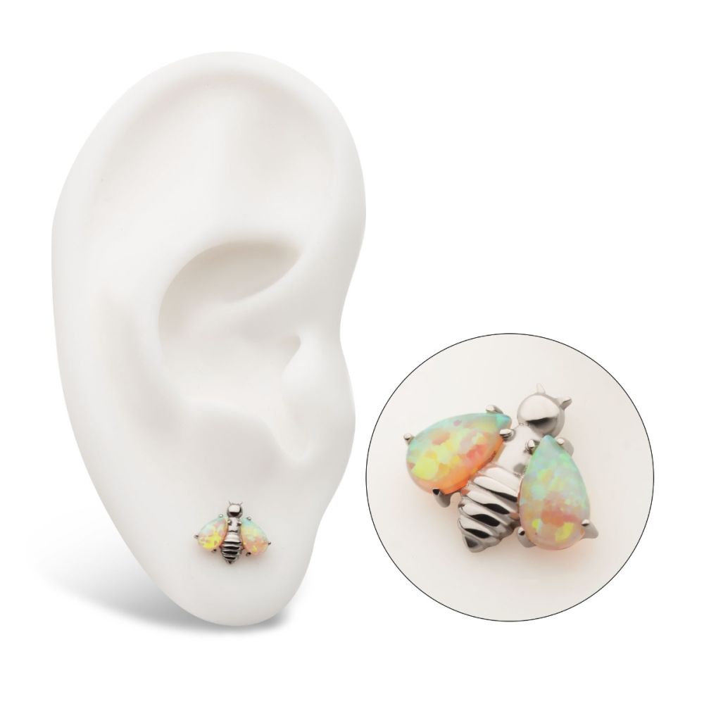 Titanium Threadless Bee with Prong Set Teardrop Shape CZ/Opal Wings Top