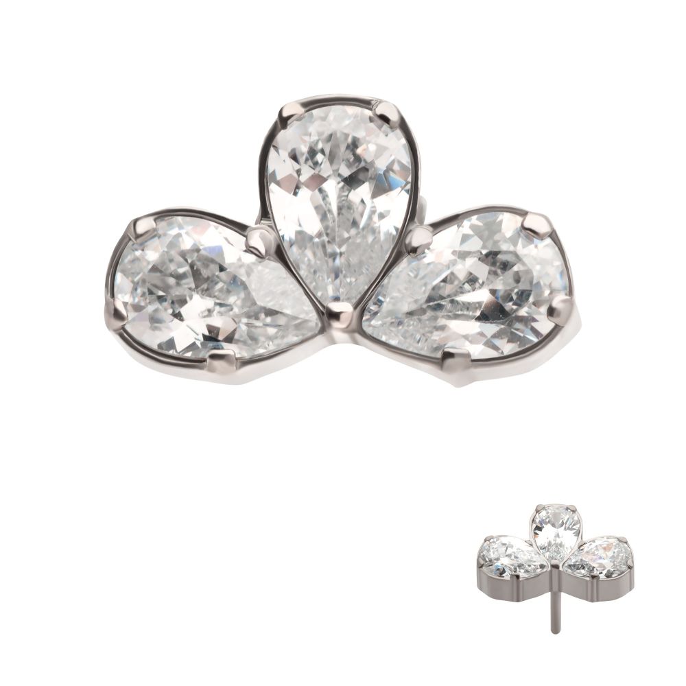 Titanium Threadless Fan Shape Top with 3 Cluster Prong Set Teardrop CZ
