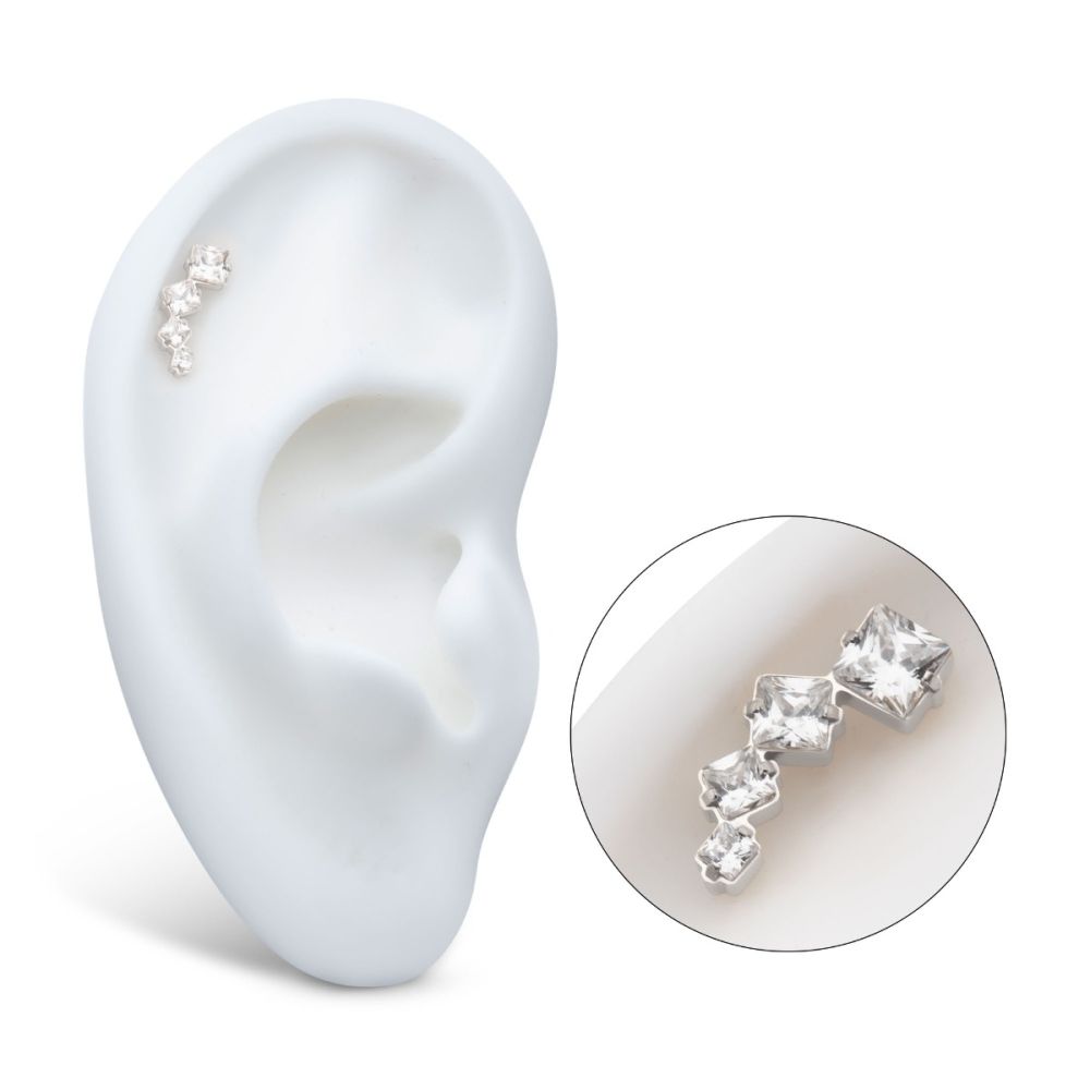 Titanium Threadless Prong Set Princess Cut Gem Staggered 4-Cluster Top