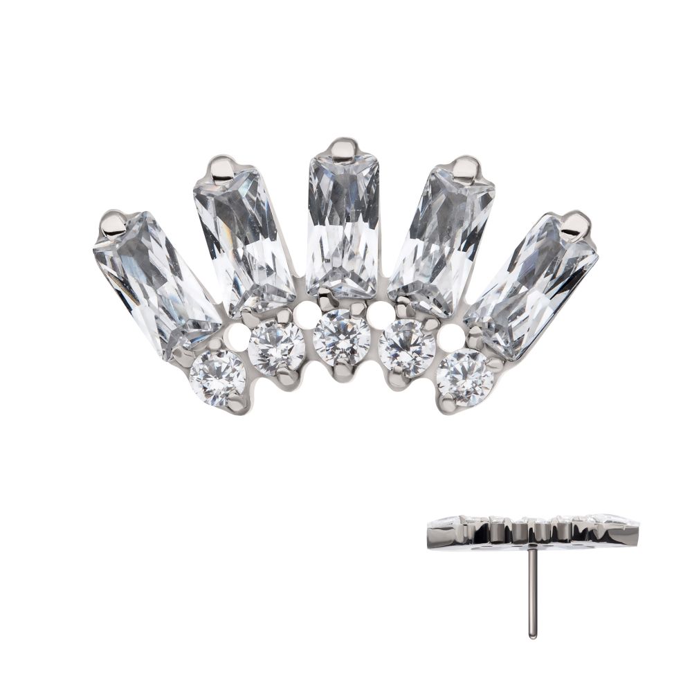 Titanium Threadless Prong Set Baguette & Round Gem Fan Shape 5-Cluster Top