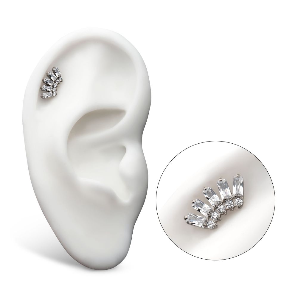 Titanium Threadless Prong Set Baguette & Round Gem Fan Shape 5-Cluster Top