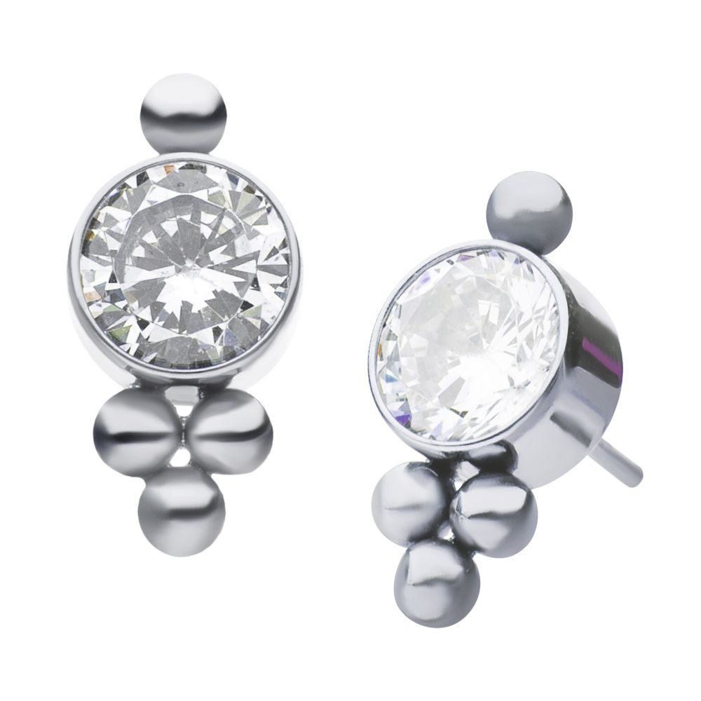 Titanium Threadless Tri-bead Cluster with 4mm CZ Bezel CZ Top