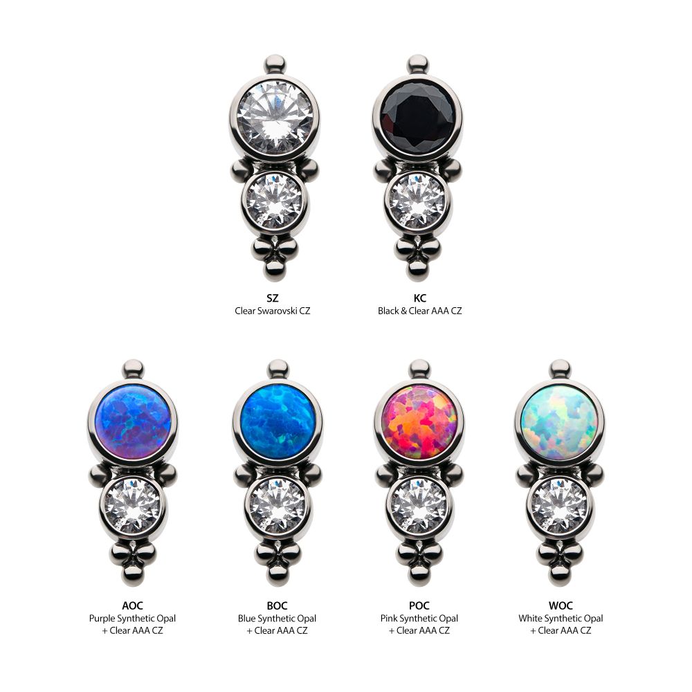 Titanium Threadless 2-Bezel Set Synthetic Opal/AAA Gem/Swarovski Zirconia & Beads Cluster Top