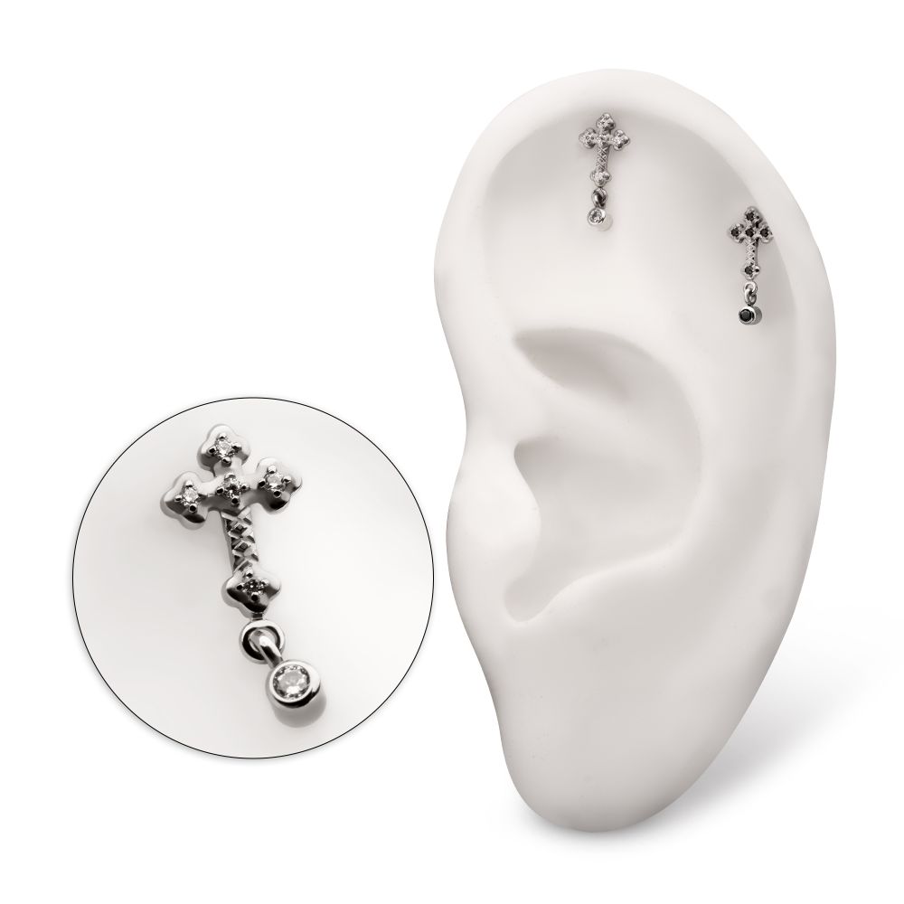 Titanium Threadless Milgrain Edge Prong Set CZ Gem Cross Top with Dangle Bezel Gem