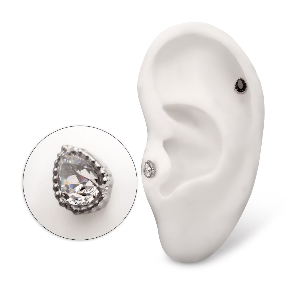 Titanium Threadless Beaded Edge Prong Set Teardrop CZ Gem Top