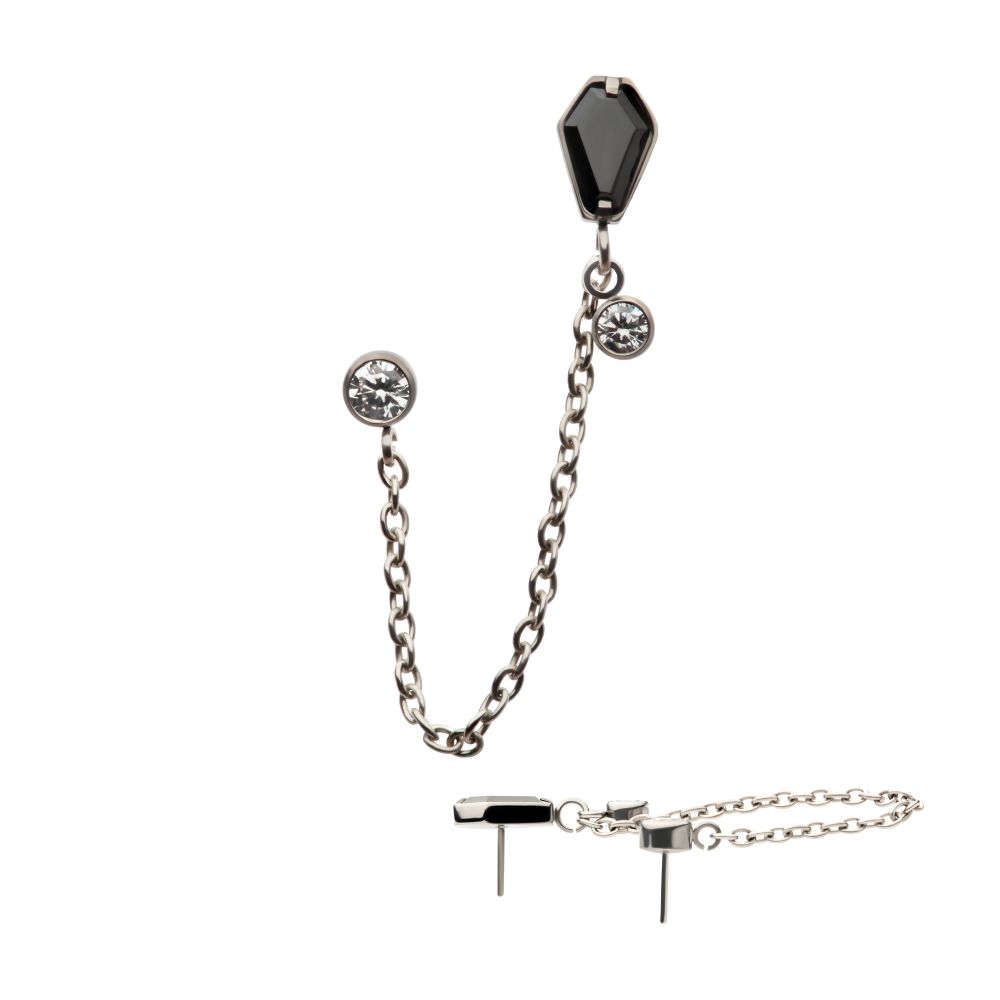Titanium Threadless Coffin Black & Duo Bezel Round CZ with Rolo Chain Dangle Tops