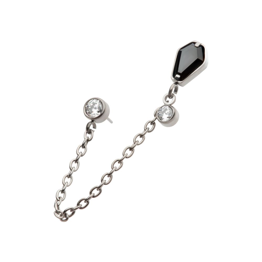 Titanium Threadless Coffin Black & Duo Bezel Round CZ with Rolo Chain Dangle Tops