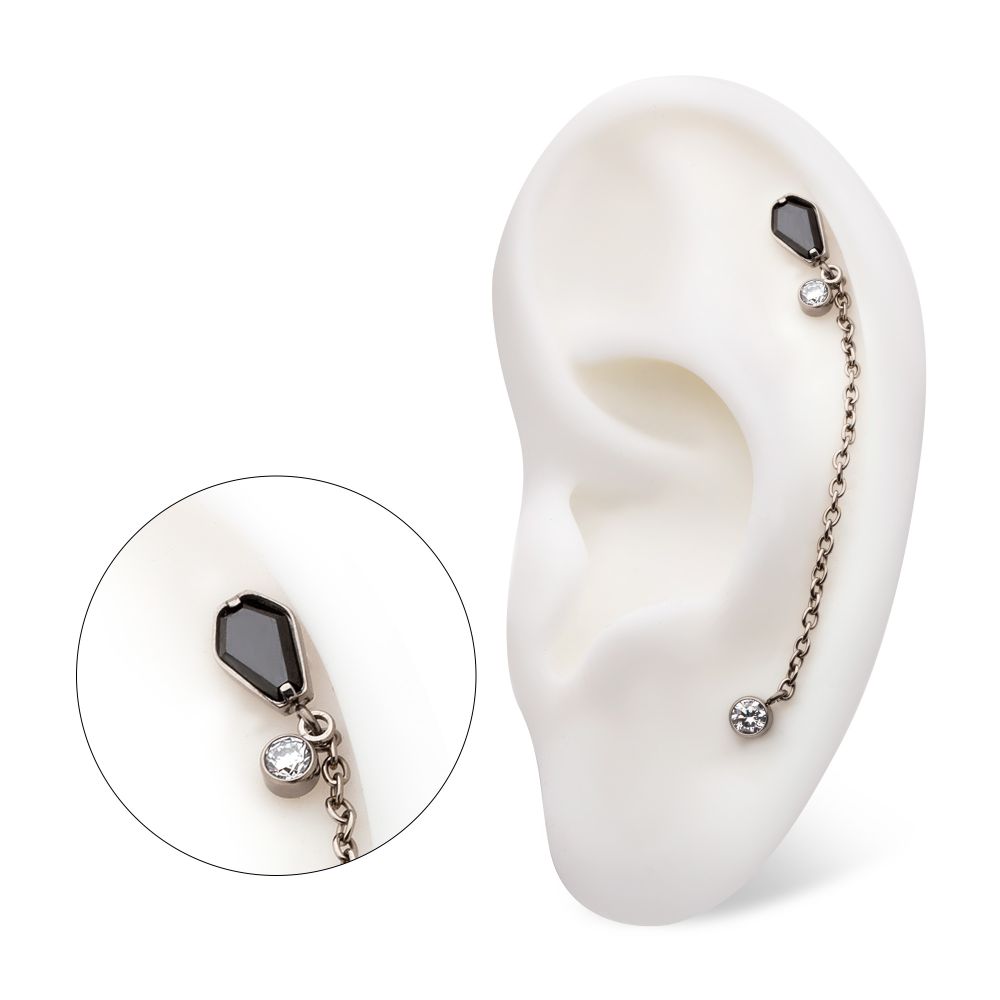 Titanium Threadless Coffin Black & Duo Bezel Round CZ with Rolo Chain Dangle Tops