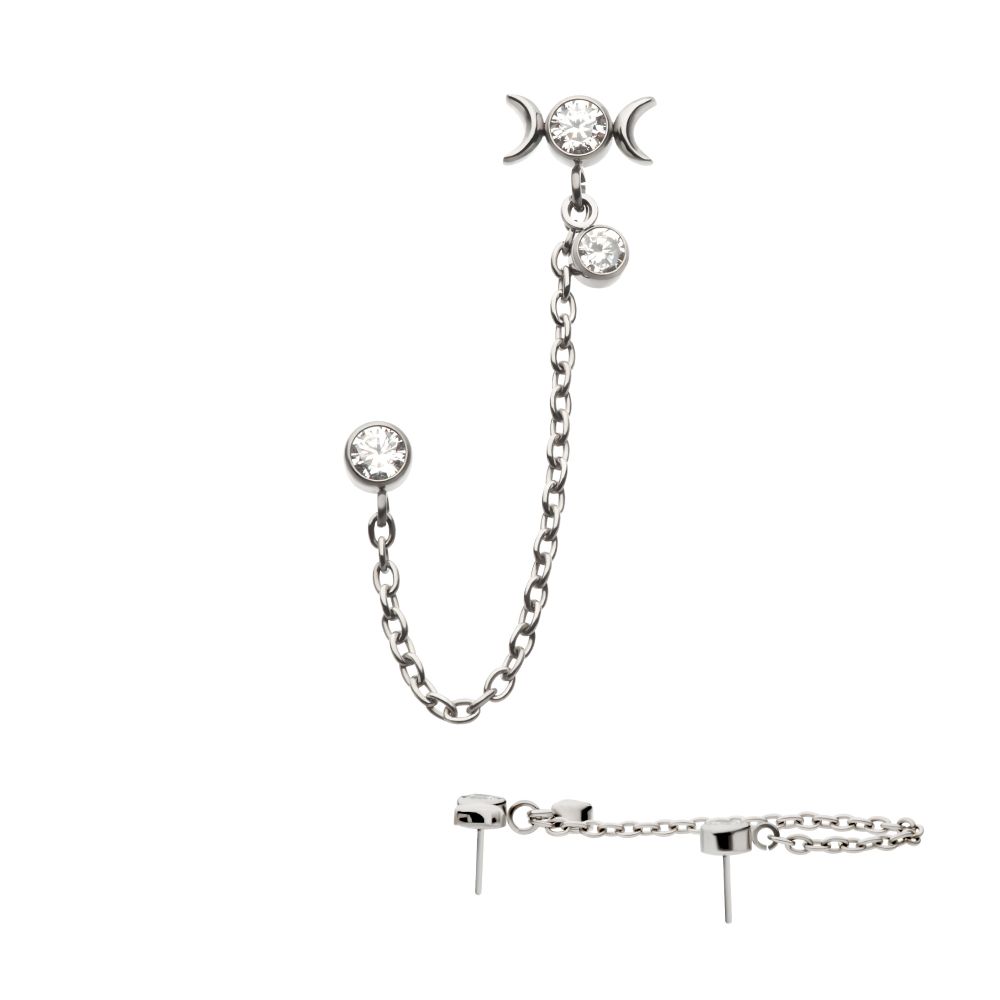 Titanium Threadless Triple Moon Phase & Duo Bezel Round CZ with Rolo Chain Dangle Tops