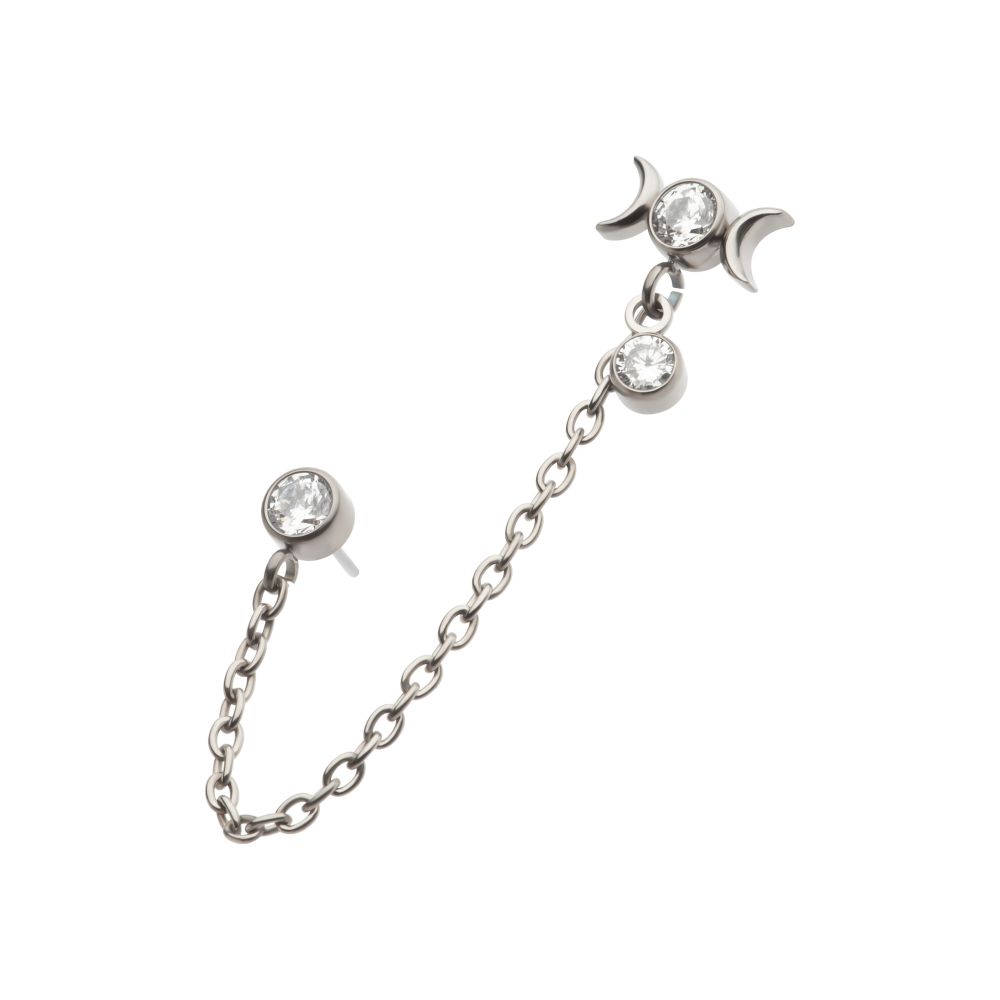 Titanium Threadless Triple Moon Phase & Duo Bezel Round CZ with Rolo Chain Dangle Tops