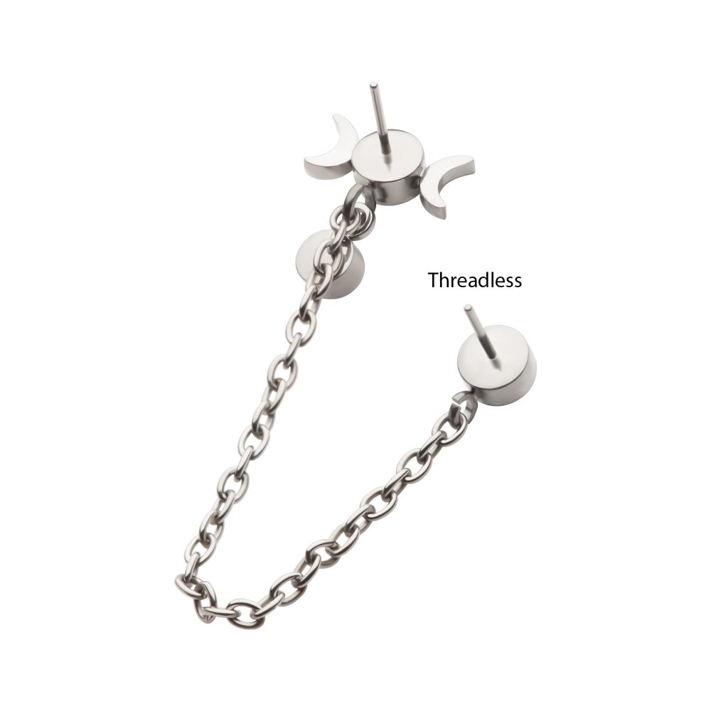 Titanium Threadless Triple Moon Phase & Duo Bezel Round CZ with Rolo Chain Dangle Tops