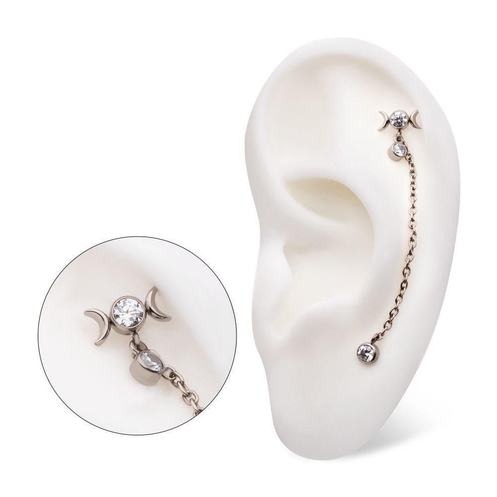 Titanium Threadless Triple Moon Phase & Duo Bezel Round CZ with Rolo Chain Dangle Tops