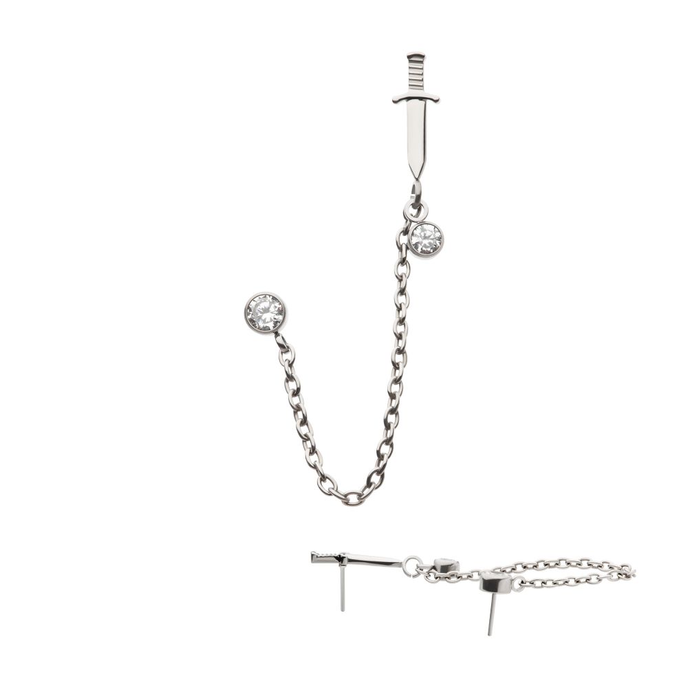 Titanium Threadless Dagger & Duo Bezel Round CZ with Rolo Chain Dangle Tops