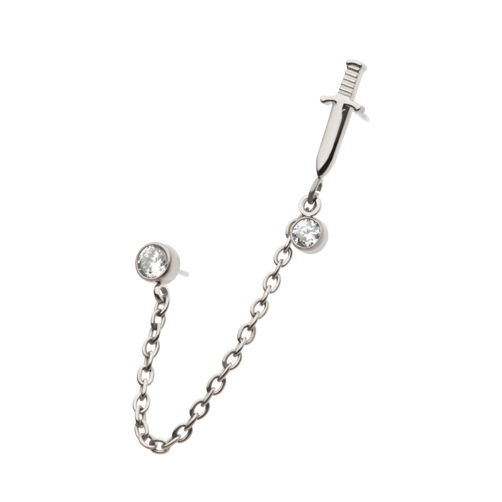 Titanium Threadless Dagger & Duo Bezel Round CZ with Rolo Chain Dangle Tops