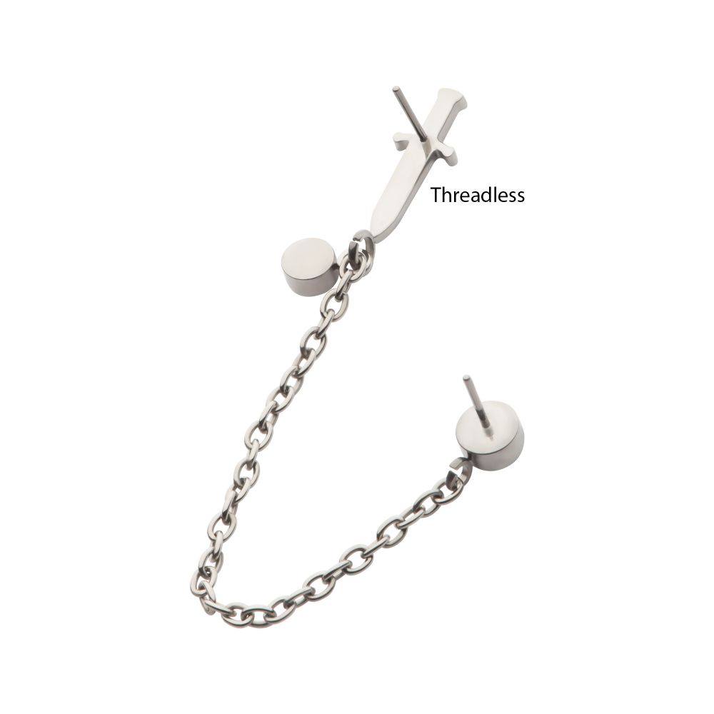 Titanium Threadless Dagger & Duo Bezel Round CZ with Rolo Chain Dangle Tops